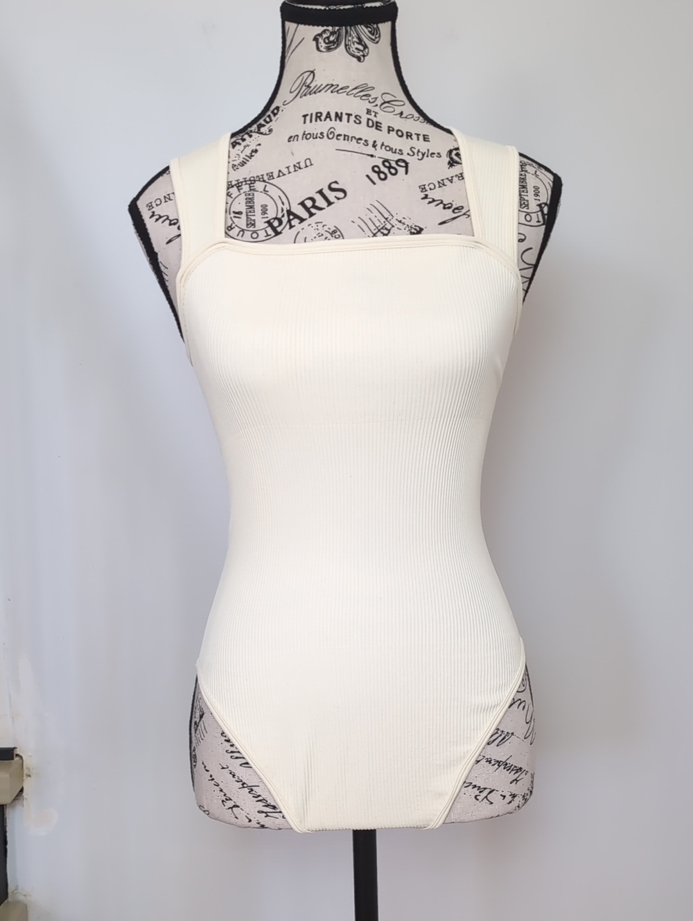 OQQ | Women's Cream/Black 2 Pack Square Neck Snap Thong Bottom Ribbed Bodysuits